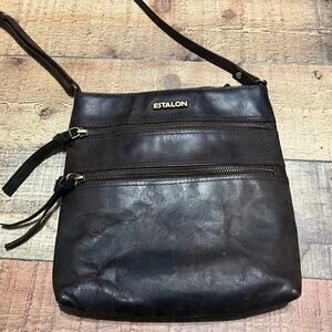 Estalon Women's Dark Brown Distressed Leather Tri-Zip Crossbody Bag Purse 10x10